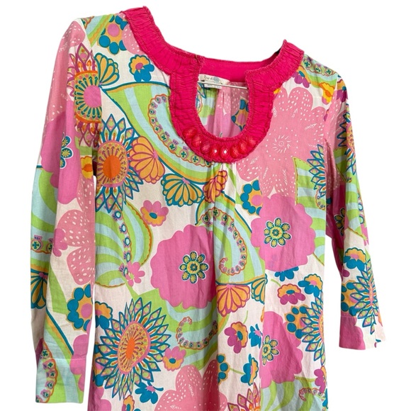 Boden Floral Beaded Neck 3/4 Sleeve Tunic Top Pink Green White Size 6 - Picture 5 of 12